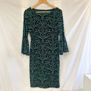 Liz Claiborne Size 6 Women's Green Velvet Bell Sleeve Damask Style Stretch Dress